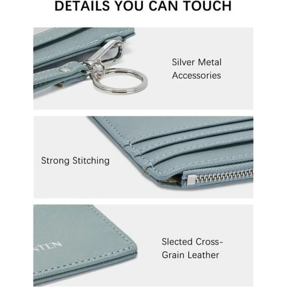 RFID Leather Wallet for Women Slim Card Holder with Zipper Keychain